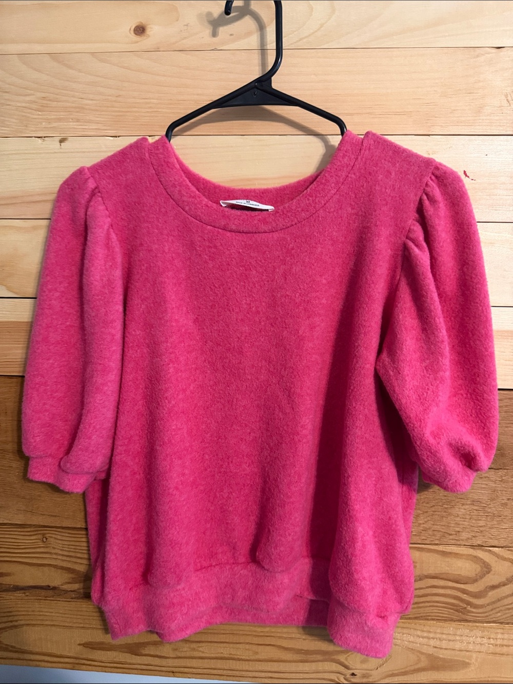 Zenana Outfitters Hot Pink Puff Sleeve Crewneck Sweater Top